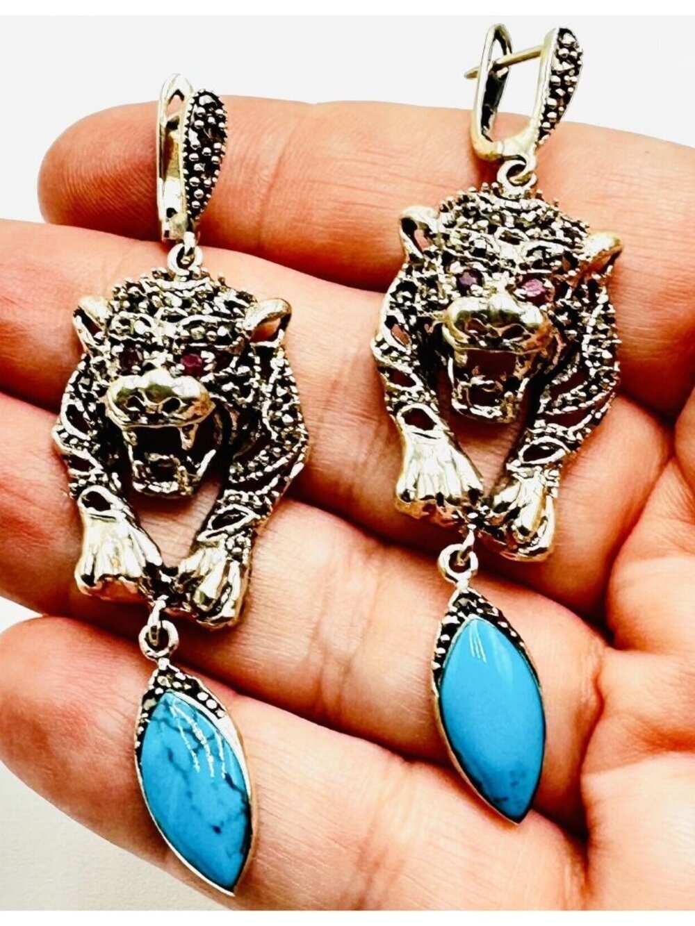 Turquoise Marcasite Sterling Silver Earrings Pierced
